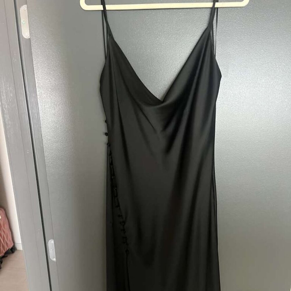 Zara Black Side Button Satin Slip Camisole Slit Midi Dress